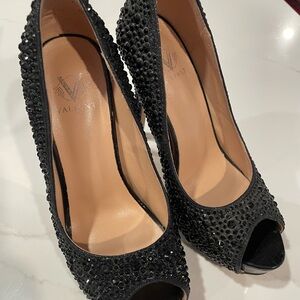 Valiant black peep-toe heels with all-over rhinestones